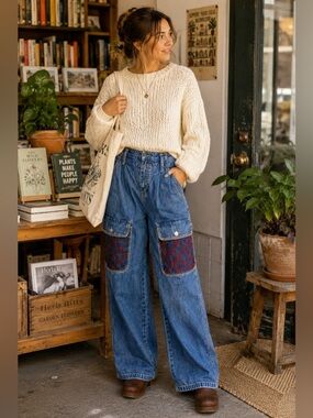 Happy x Nature Patchwork Plaid Pocket Wide Leg Jeans Boho Cottagecore Sz 4